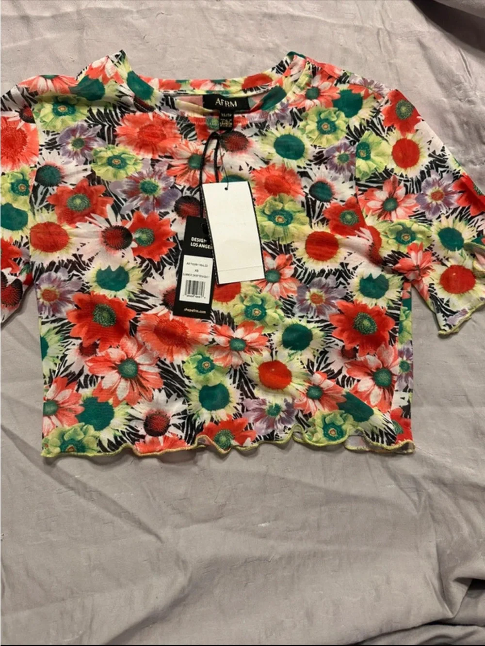 AFRM Floral Multicolor Short-Sleeve Crop Top - Coral, Green, Yellow